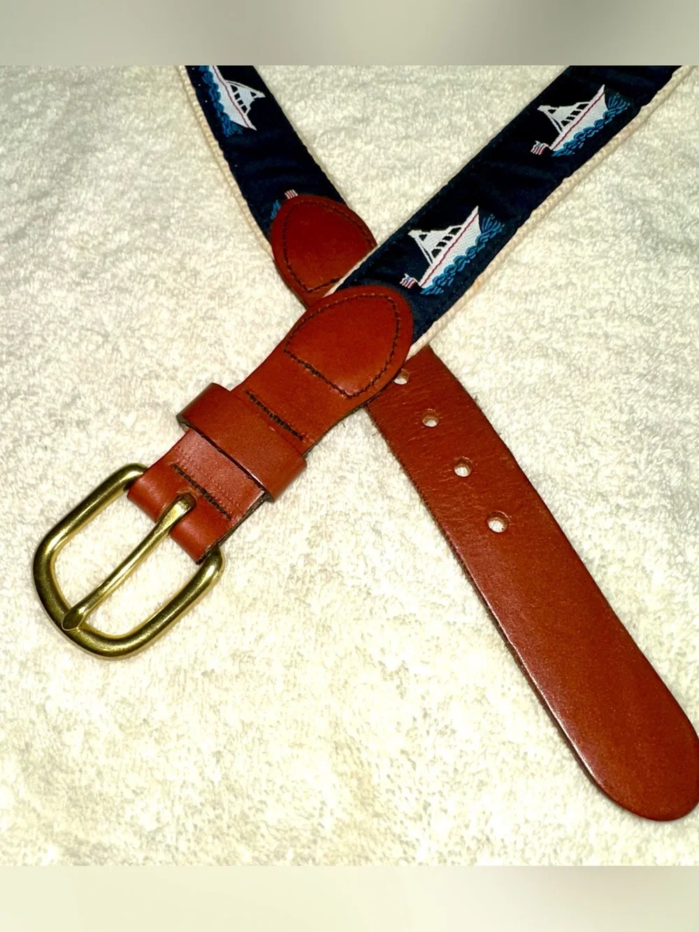 Vintage Leather Man Ltd Boat Ribbon Belt Brass Buckle Preppy Navy Sz 40